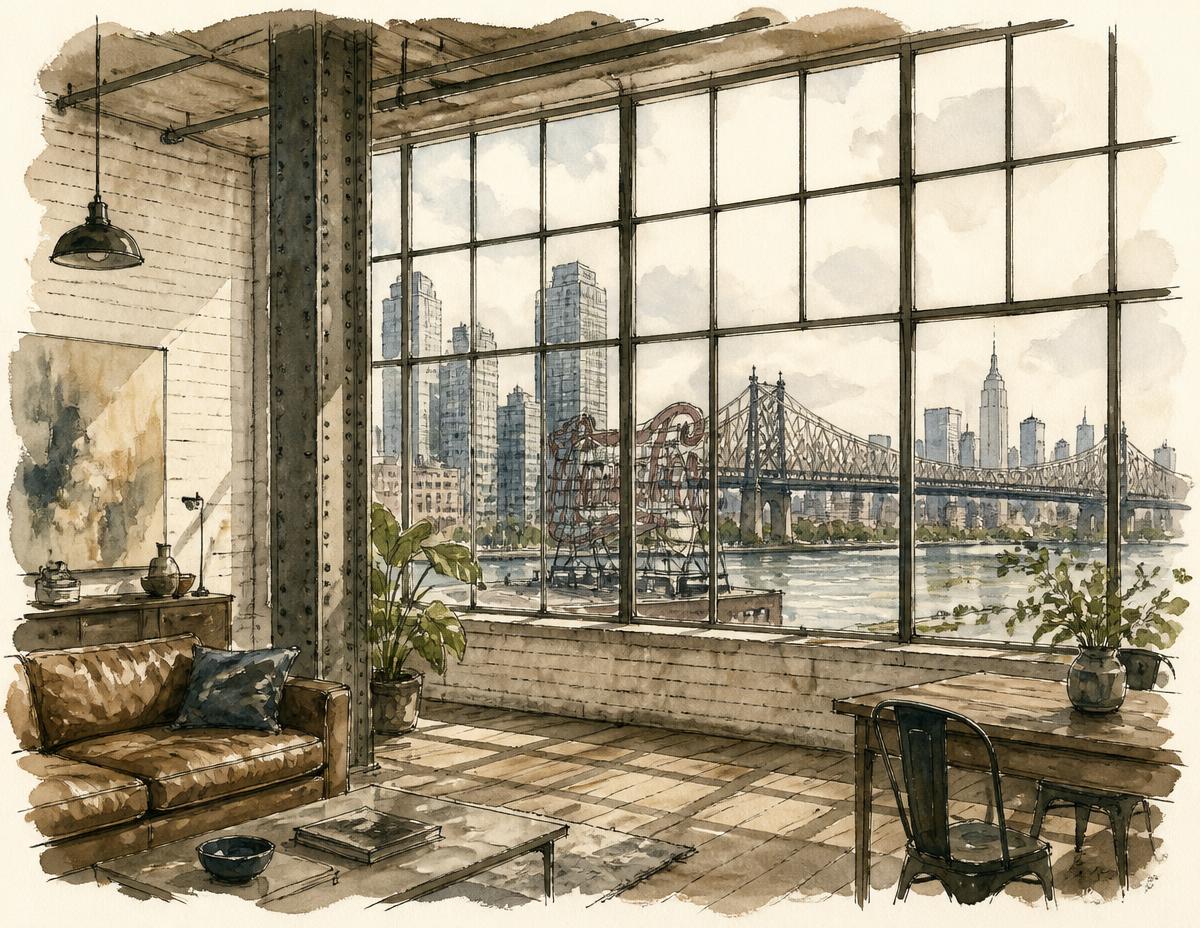 Long Island City loft interior — factory windows, columns, high ceilings