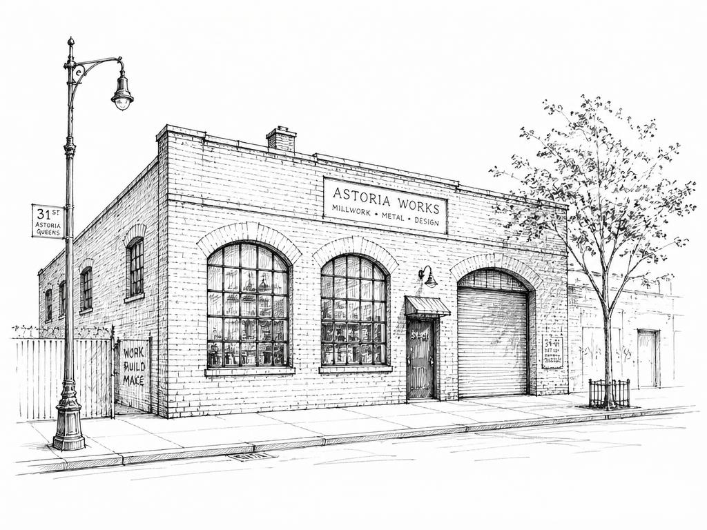 Ink sketch of an Astoria brick workshop building