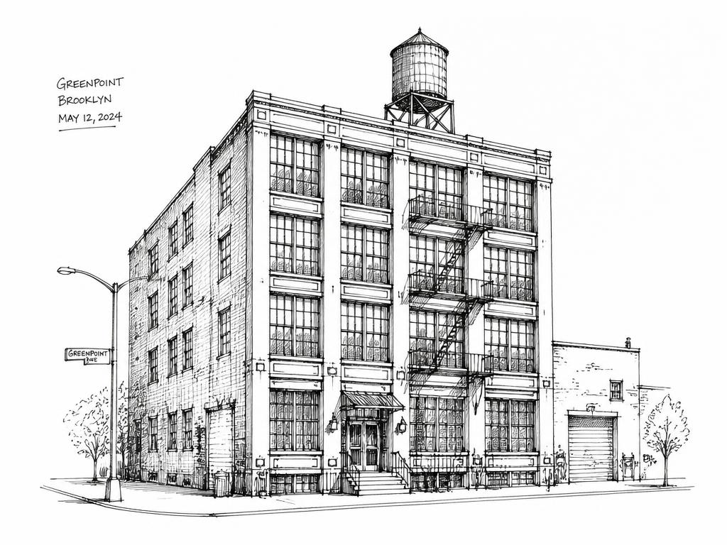 Ink sketch of a Greenpoint timber loft building